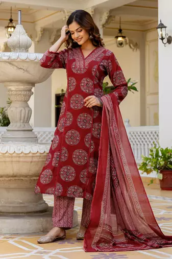 Printed regular mirror work pure cotton kurta with palazzos & with dupatta