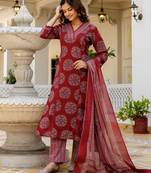 Printed regular mirror work pure cotton kurta with palazzos & with dupatta