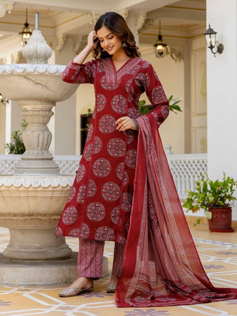 Printed regular mirror work pure cotton kurta with palazzos & with dupatta