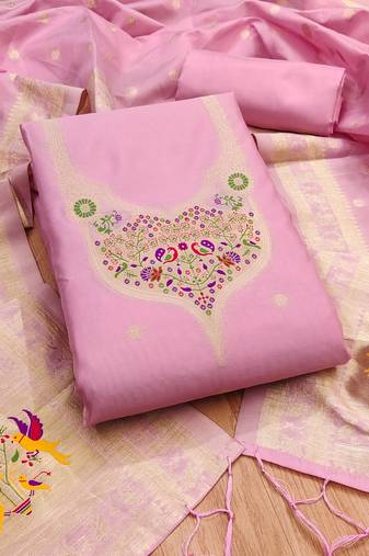baby pink zari woven banarasi silk dress material