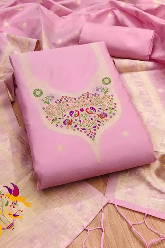 Baby pink soft banarasi silk pure zari woven design dress material