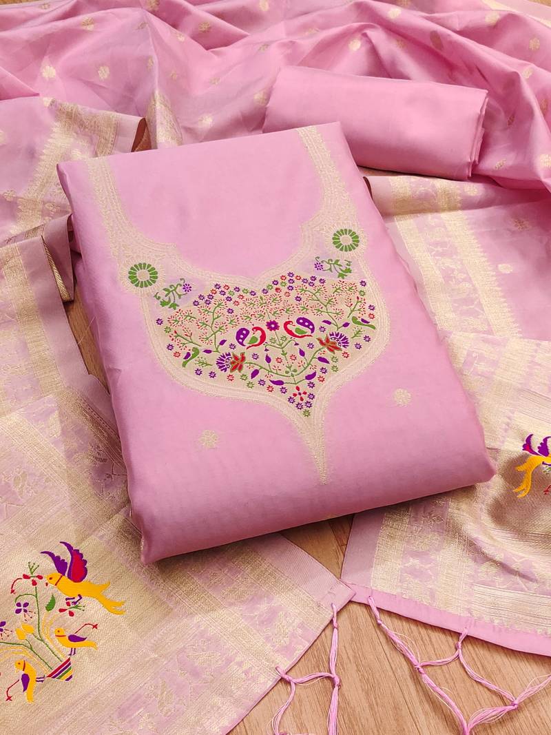 Baby pink soft banarasi silk pure zari woven design dress material