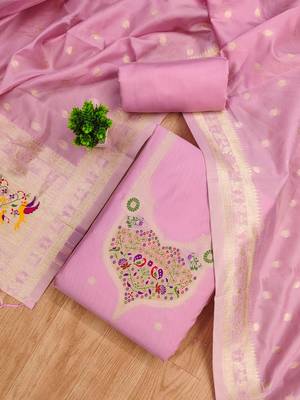 baby pink zari woven silk blend silk dress material 2