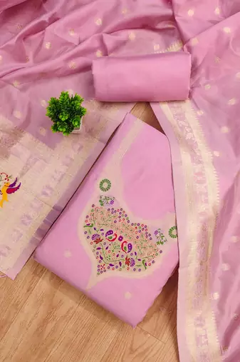 baby pink zari woven silk blend silk dress material