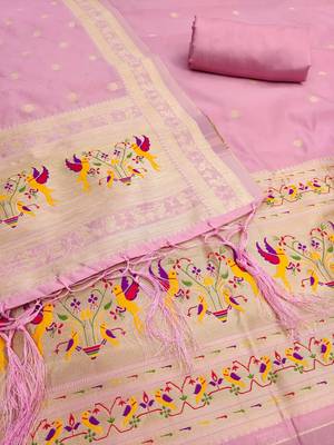 baby pink zari woven silk blend silk dress material 4