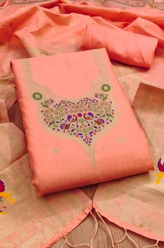 peach zari woven banarasi silk dress material