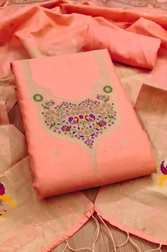 Peach soft banarasi silk pure zari woven design dress material