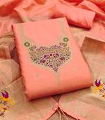 peach zari woven silk blend silk dress material