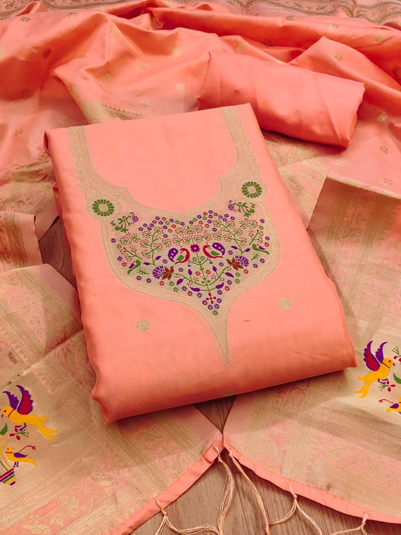Peach soft banarasi silk pure zari woven design dress material