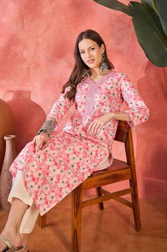 Floral printed v-neck straight kurta