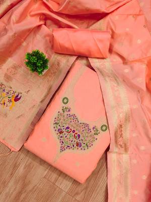 peach zari woven silk blend silk dress material 2
