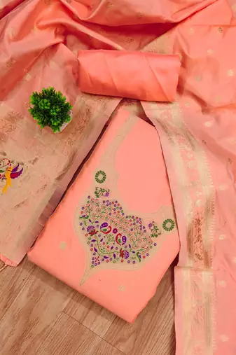 peach zari woven silk blend silk dress material