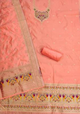 peach zari woven silk blend silk dress material 3