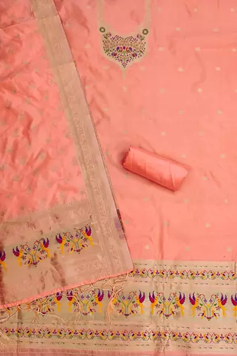 peach zari woven silk blend silk dress material