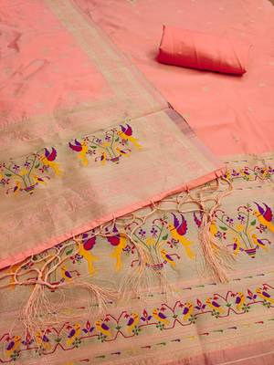 peach zari woven silk blend silk dress material 4