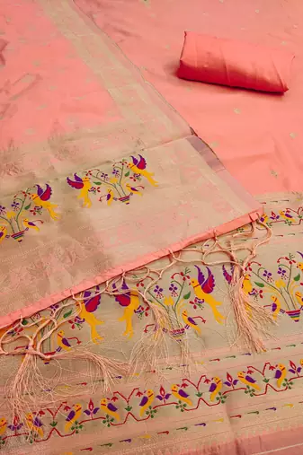 peach zari woven silk blend silk dress material