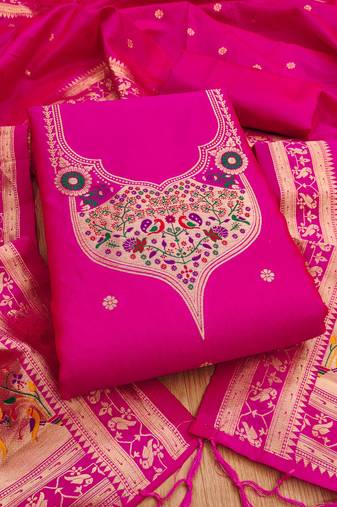 Pink soft banarasi silk pure zari woven design dress material