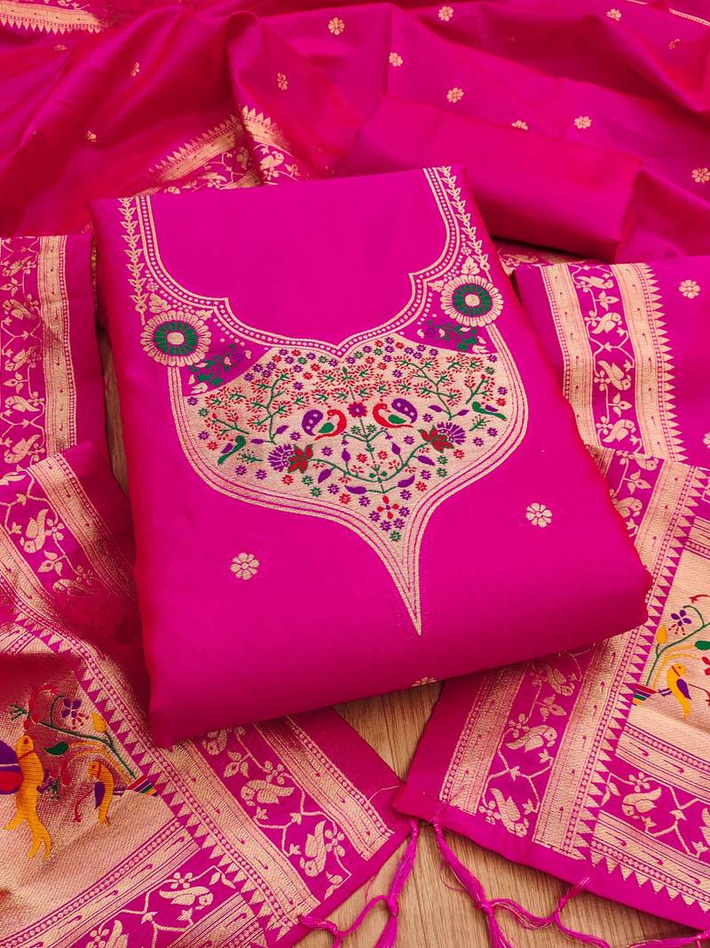 Pink soft banarasi silk pure zari woven design dress material