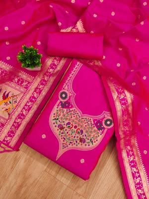 pink zari woven silk blend silk dress material 2