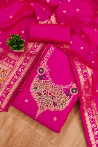 pink zari woven silk blend silk dress material