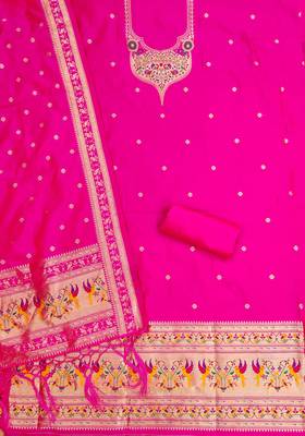 pink zari woven silk blend silk dress material 3