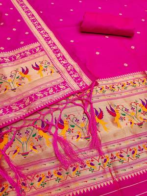 pink zari woven silk blend silk dress material 4