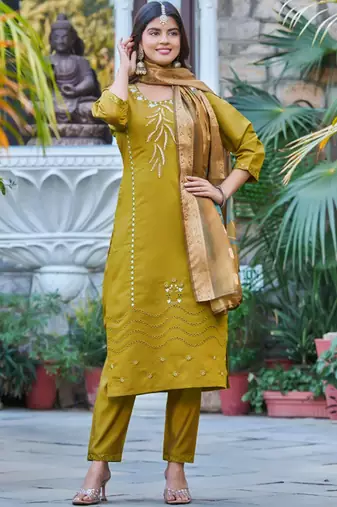 Embroidered regular beads and stones kurta with trousers & with dupatta