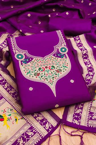 Purple soft banarasi silk pure zari woven design dress material