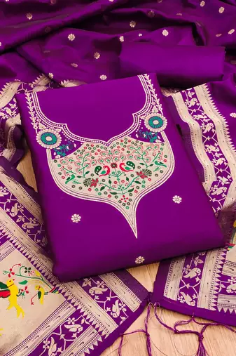 Purple soft banarasi silk pure zari woven design dress material