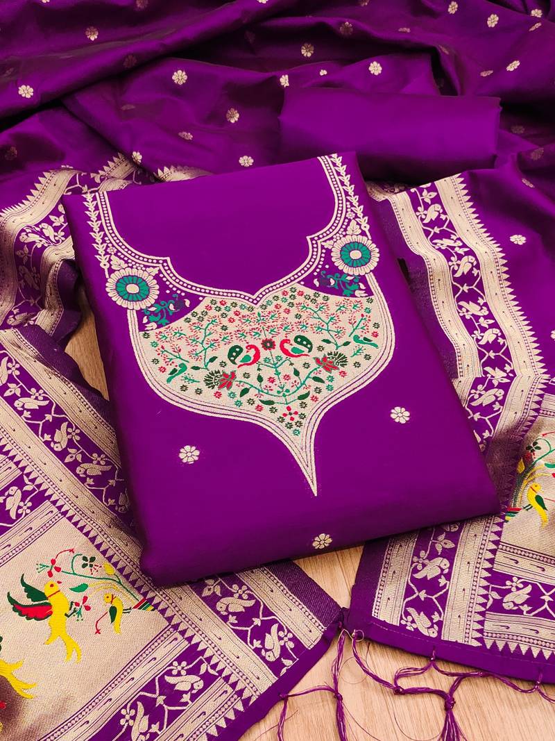 Purple soft banarasi silk pure zari woven design dress material
