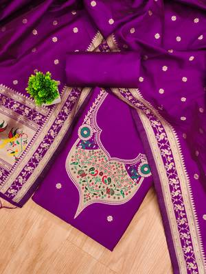purple zari woven silk blend silk dress material 2