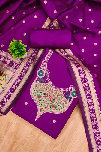 purple zari woven silk blend silk dress material