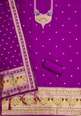 purple zari woven silk blend silk dress material 3