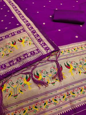 purple zari woven silk blend silk dress material 4