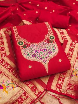 red zari woven silk blend silk dress material 1