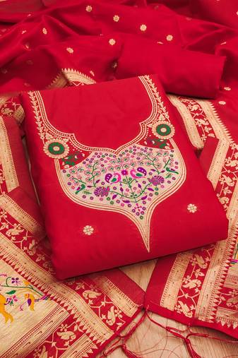 Red soft banarasi silk pure zari woven design dress material