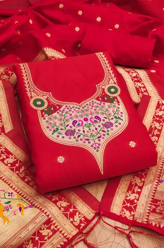 Red soft banarasi silk pure zari woven design dress material