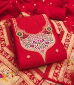 red zari woven silk blend silk dress material