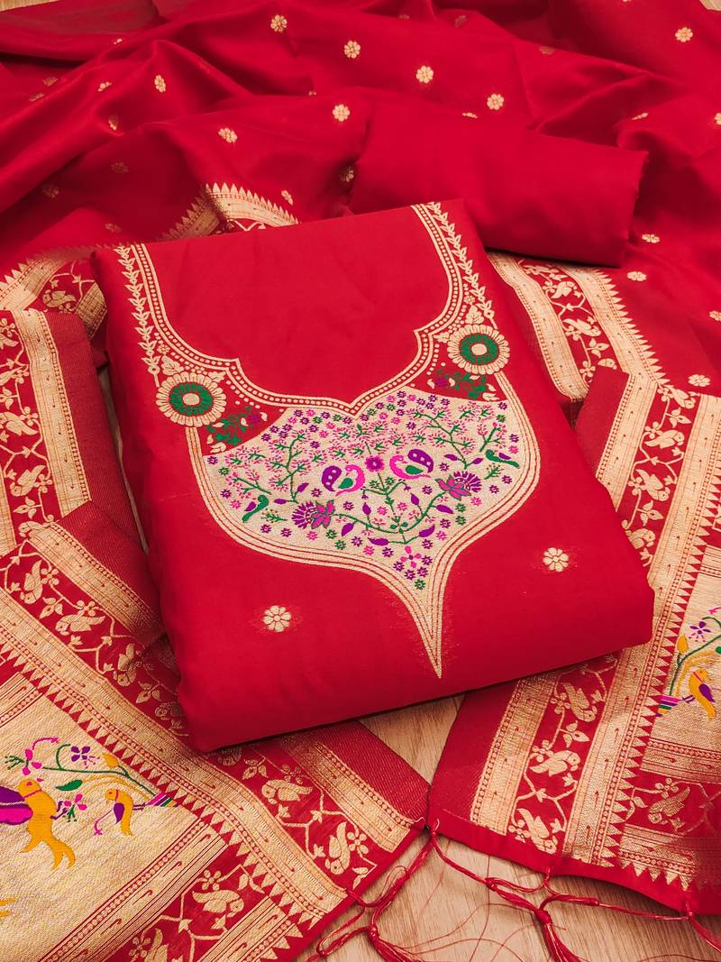 Red soft banarasi silk pure zari woven design dress material