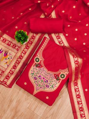 red zari woven silk blend silk dress material 2