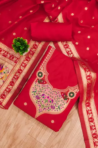 red zari woven silk blend silk dress material