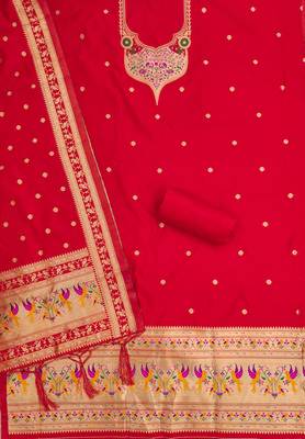 red zari woven silk blend silk dress material 3