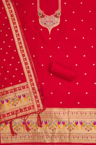 red zari woven silk blend silk dress material