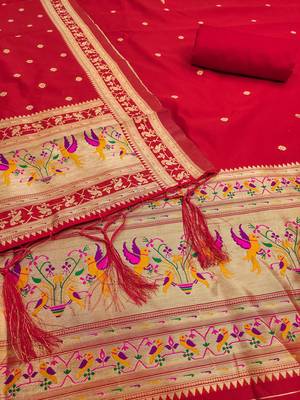 red zari woven silk blend silk dress material 4