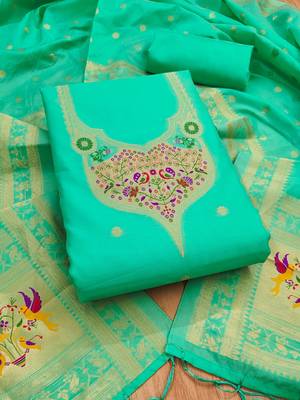 sea green zari woven silk blend silk dress material 1