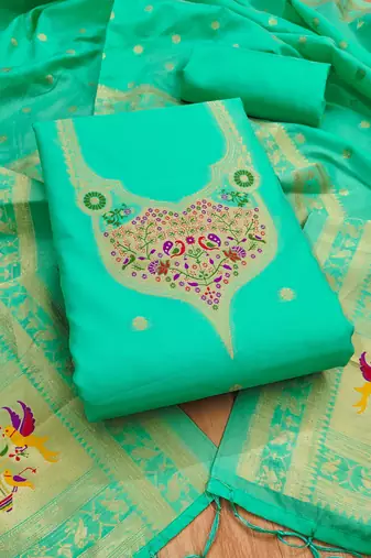 Sea green soft banarasi silk pure zari woven design dress material
