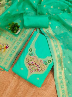 sea green zari woven silk blend silk dress material 2