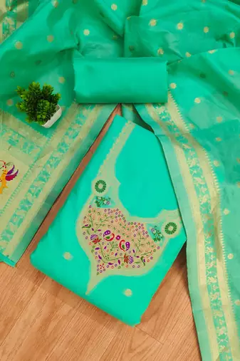 sea green zari woven silk blend silk dress material