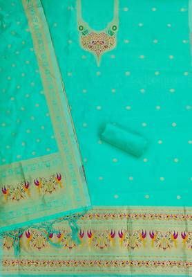 sea green zari woven silk blend silk dress material 3