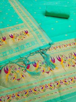 sea green zari woven silk blend silk dress material 4